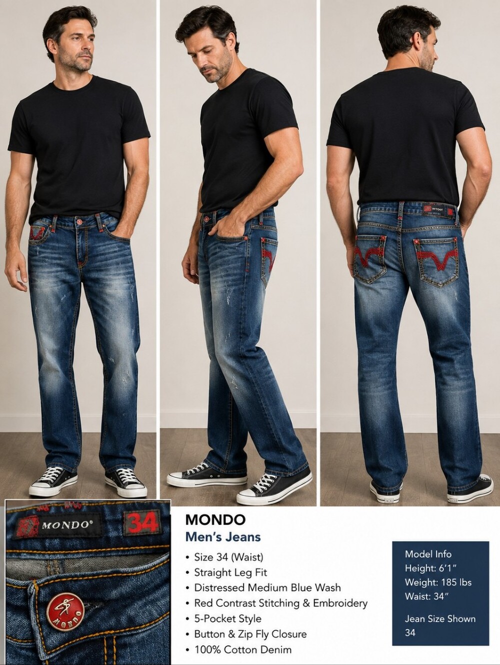 Mondo Men's Jean Unworn Condition Straight Slim Leg Embroidery Sz 34 Inseam 28.5